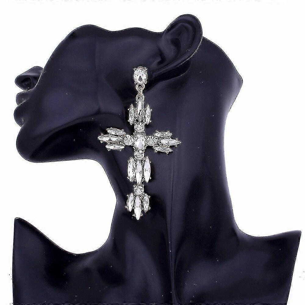Silver Cross Rhinestone Earrings - Picture 3 of 3